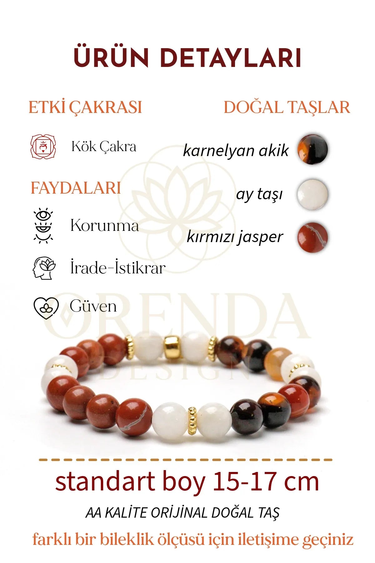 Kök Çakra – Karnelyan, Akik, Ay Taşı, Jasper Taşlı Doğal Taş Bileklik