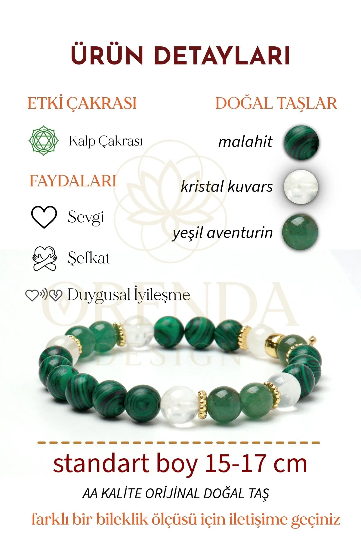 Kalp Çakra – Malahit, Aventurin, Kristal Kuvars Taşlı Doğal Taş Bileklik