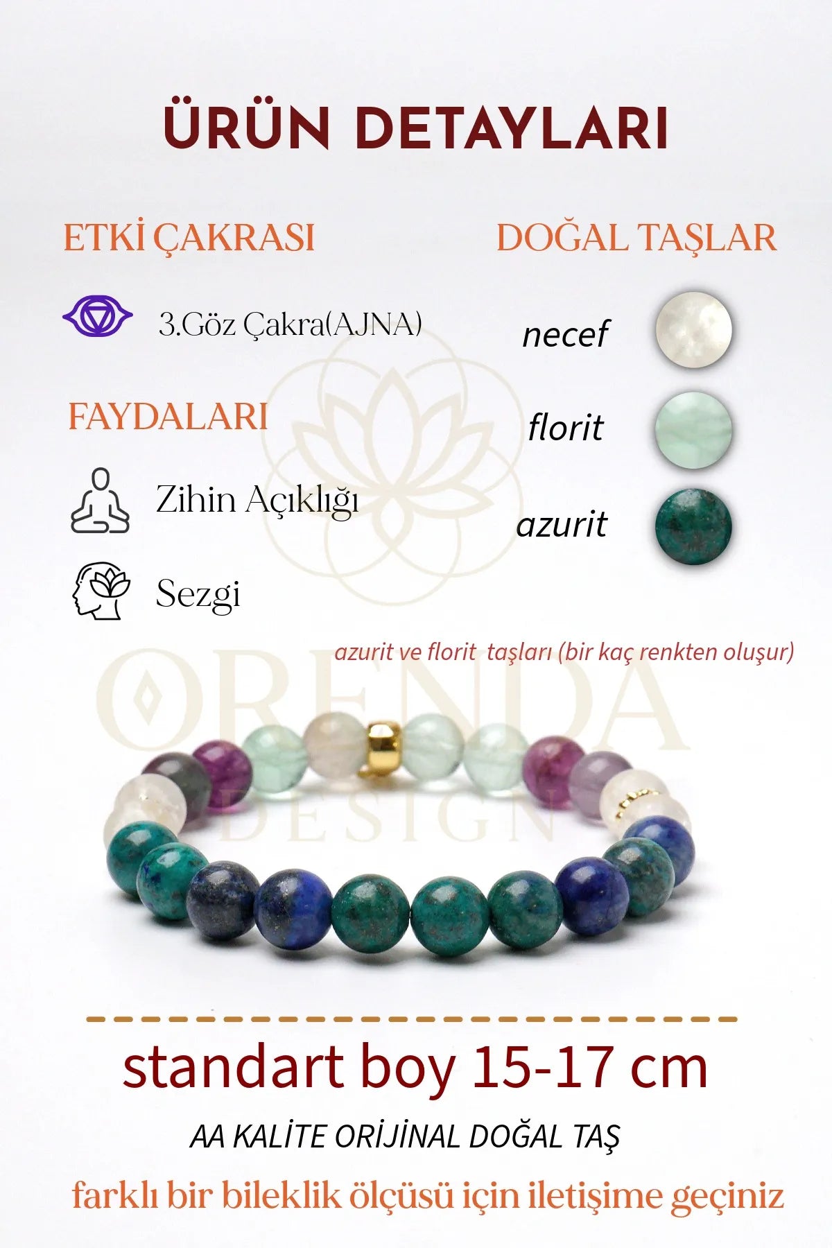 Alın Çakra – Azurit, Florit, Necef Taşlı Doğal Taş Bileklik