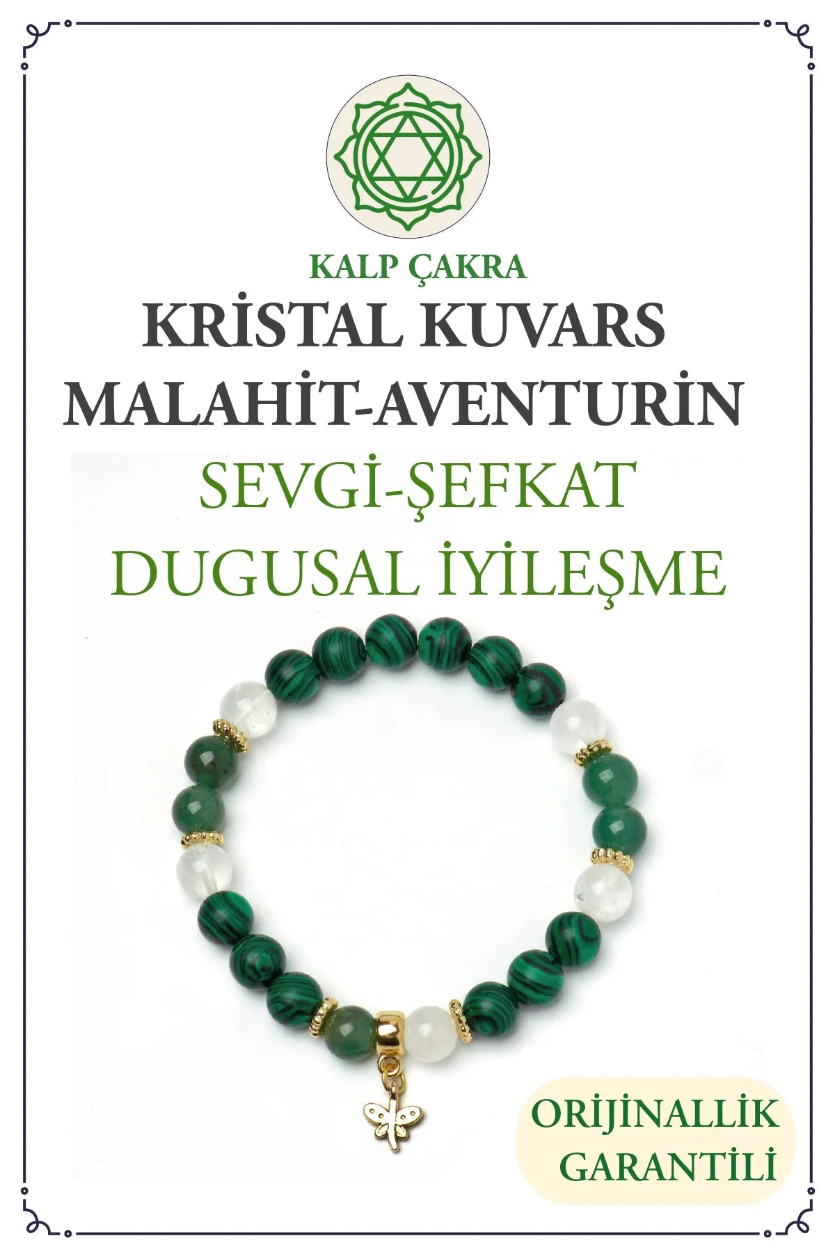 Kalp Çakra – Malahit, Aventurin, Kristal Kuvars Taşlı Doğal Taş Bileklik