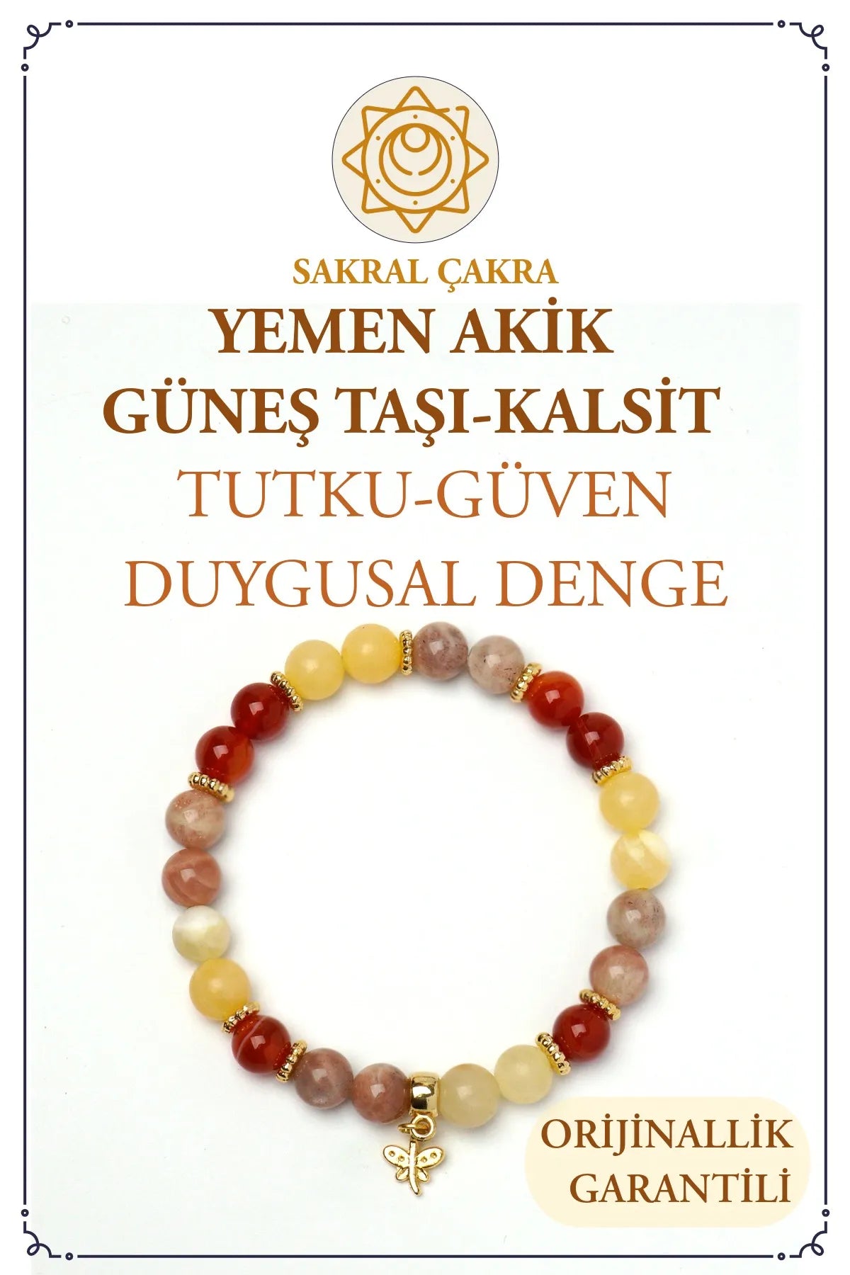 Sakral Çakra – Yemen Akik, Güneş Taşı, Kalsit Taşlı Doğal Taş Bileklik