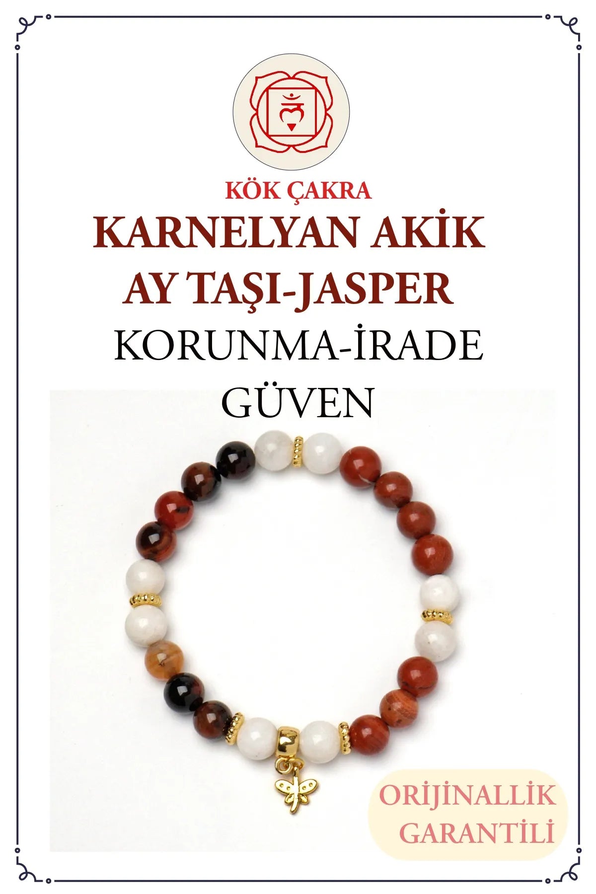 Kök Çakra – Karnelyan, Akik, Ay Taşı, Jasper Taşlı Doğal Taş Bileklik