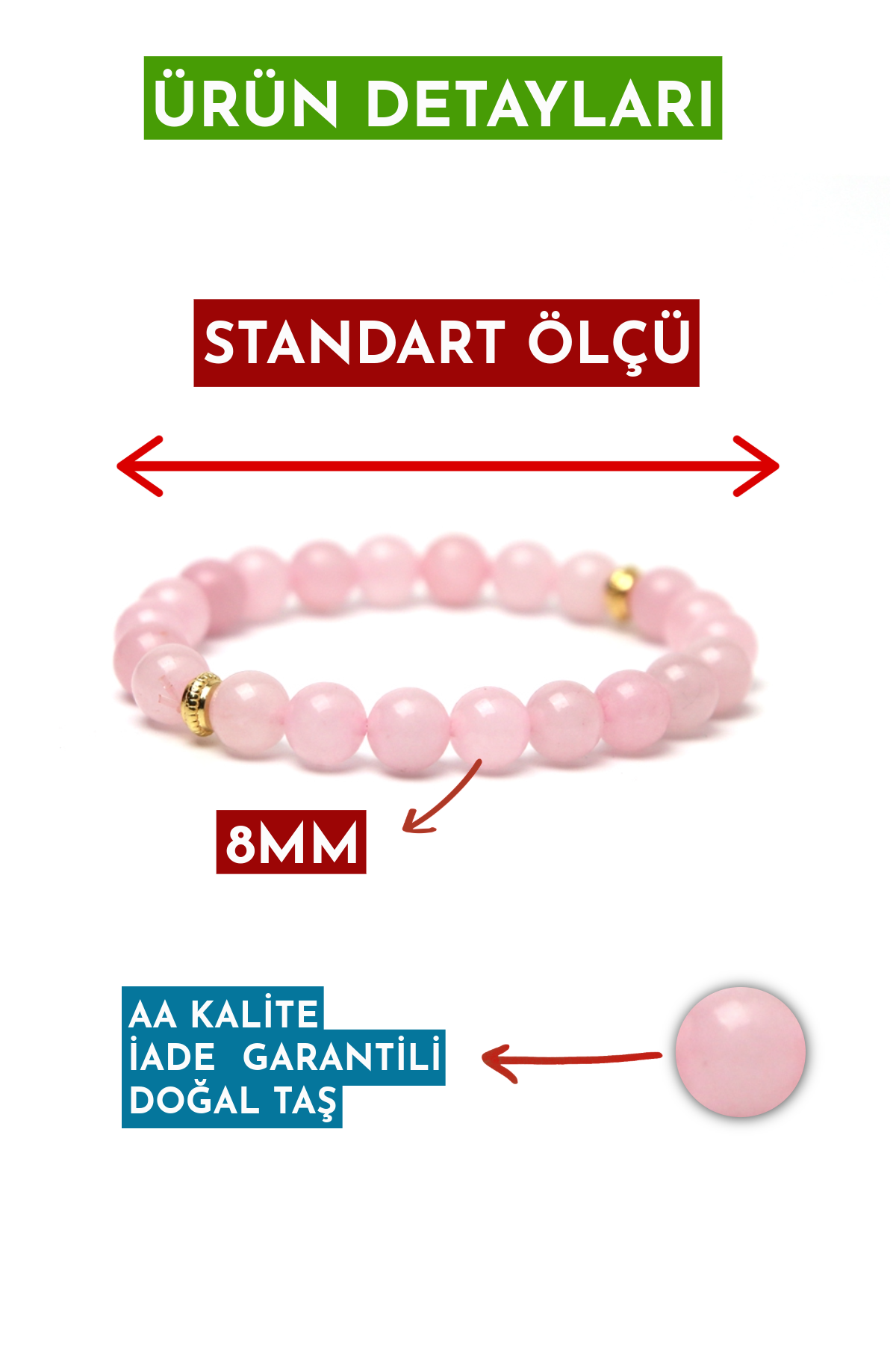 Pembe Kuvars Doğal Taş Bileklik (Aşk, Sevgi ve Mutluluk Enerjisi)