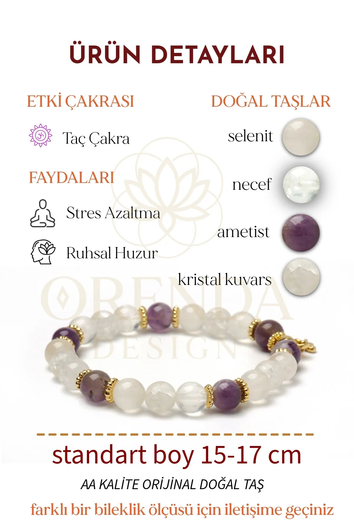 Taç Çakra – Selenit, Kristal Kuvars, Ametist, Necef Taşlı Doğal Taş Bileklik