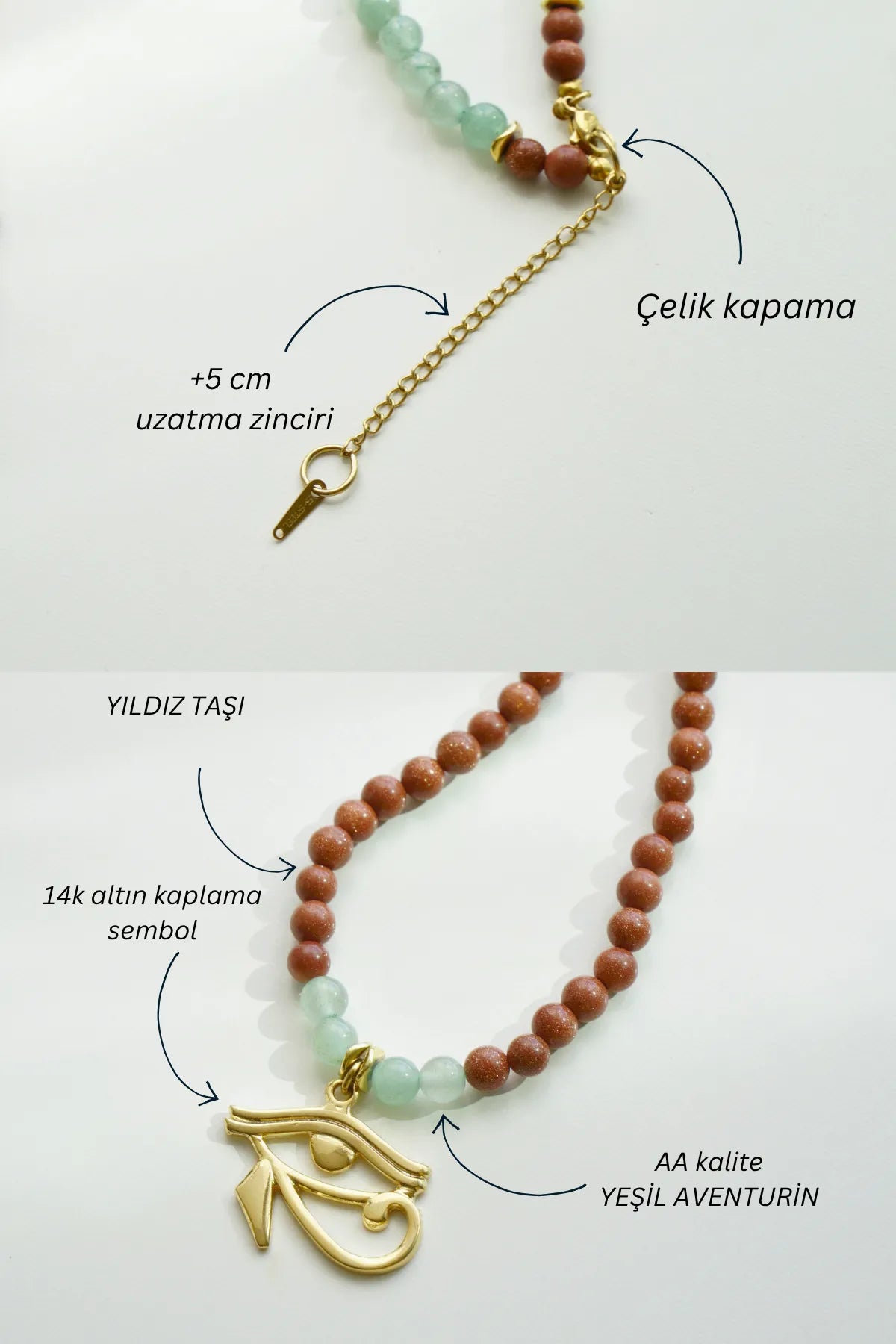 KORUNMA - Horusun Gözü – Güneş Taşı – Yeşil Aventurin Doğal Taş Kolye