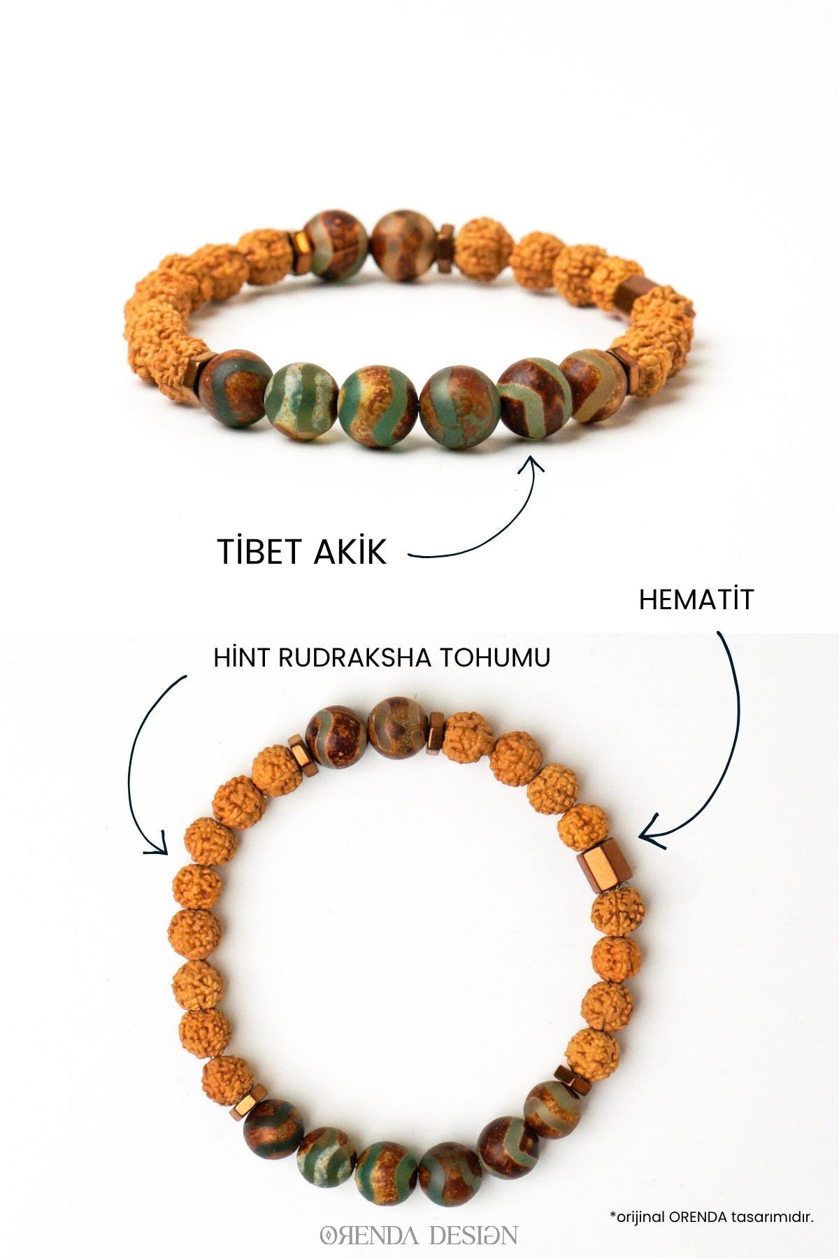 AKİK-RUDRAKSHA Erkek Bileklik | Ruhsal Güç & Meditasyon | Doğal Taş | Hematit Aparatlı