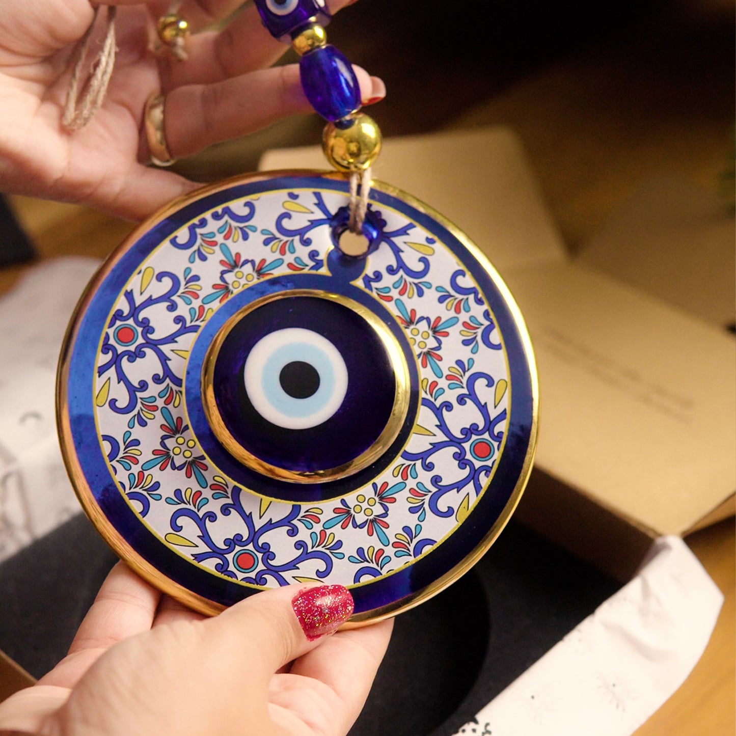 Geometric Patterned Gold Evil Eye Bead