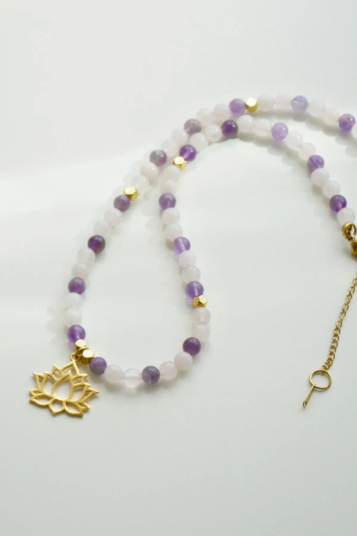 LOVE PEACE – Lotus Flower – Amethyst – Rose Quartz Natural Stone Necklace