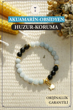 Obsidyen, Akuamarin, Balık Sembollü Bileklik | Huzur ve Koruma Enerjisi