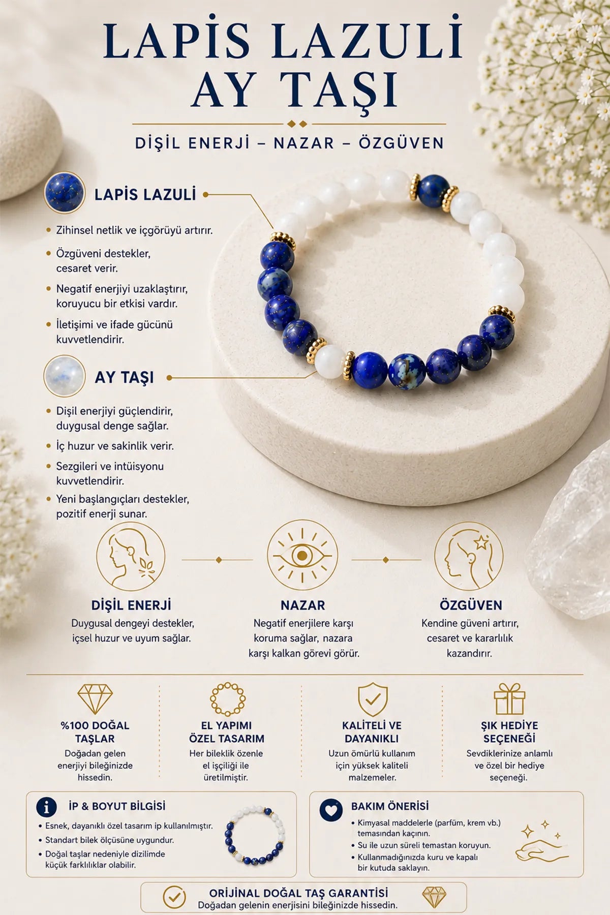 Lapis Lazuli & Ay Taşı Doğal Taş Bileklik | Dişil Enerji, Nazar ve Özgüven Enerjisi