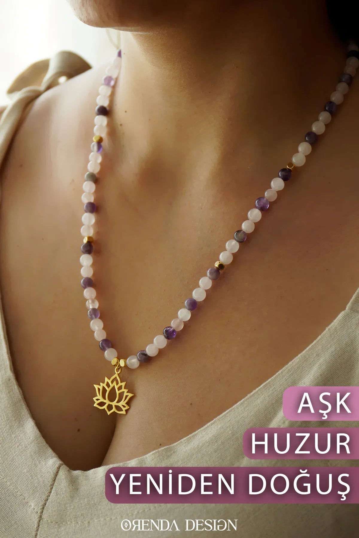 LOVE PEACE – Lotus Flower – Amethyst – Rose Quartz Natural Stone Necklace