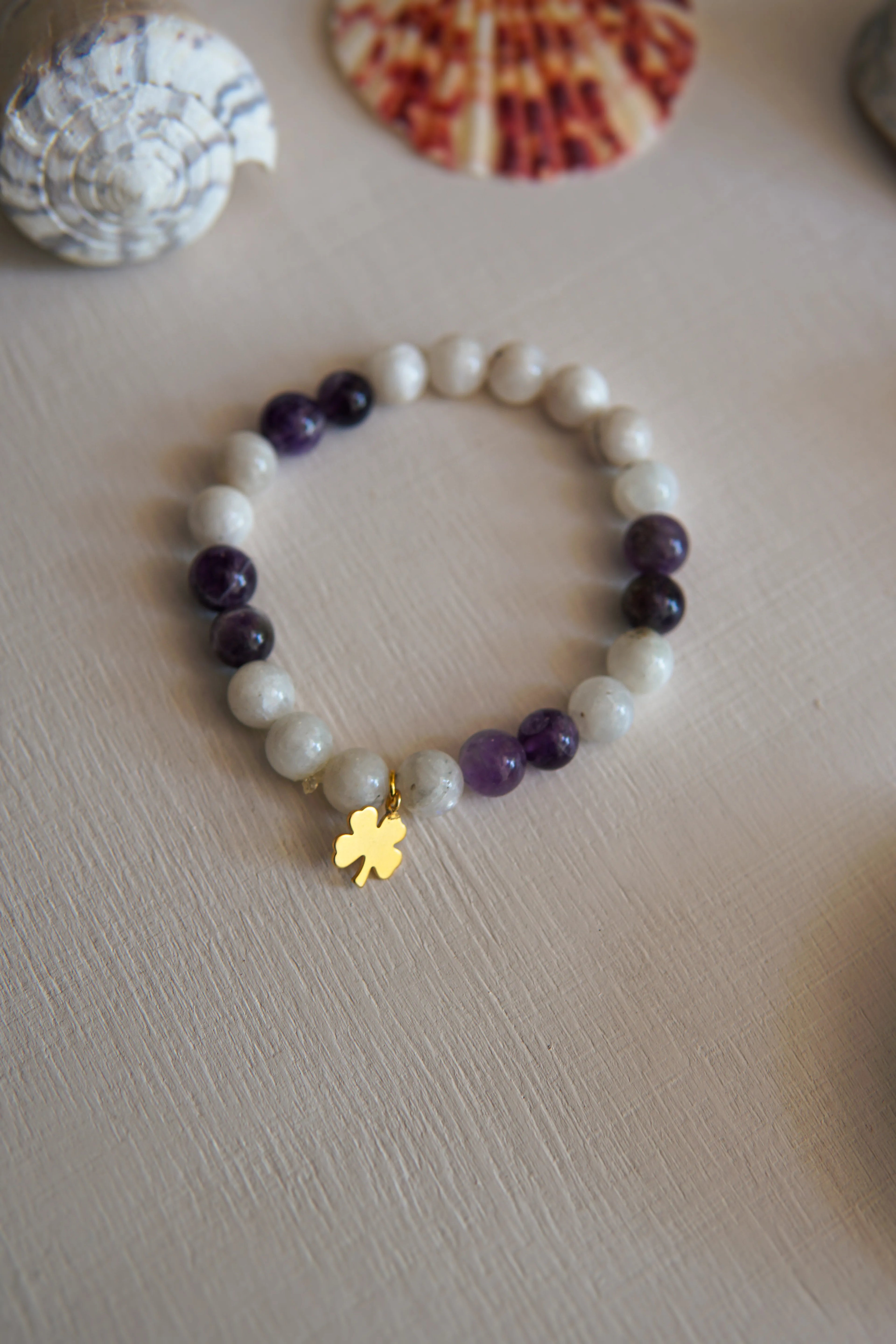 Amethyst - Moonstone and Clover Symbol Natural Stone Bracelet - WATER ELEMENT