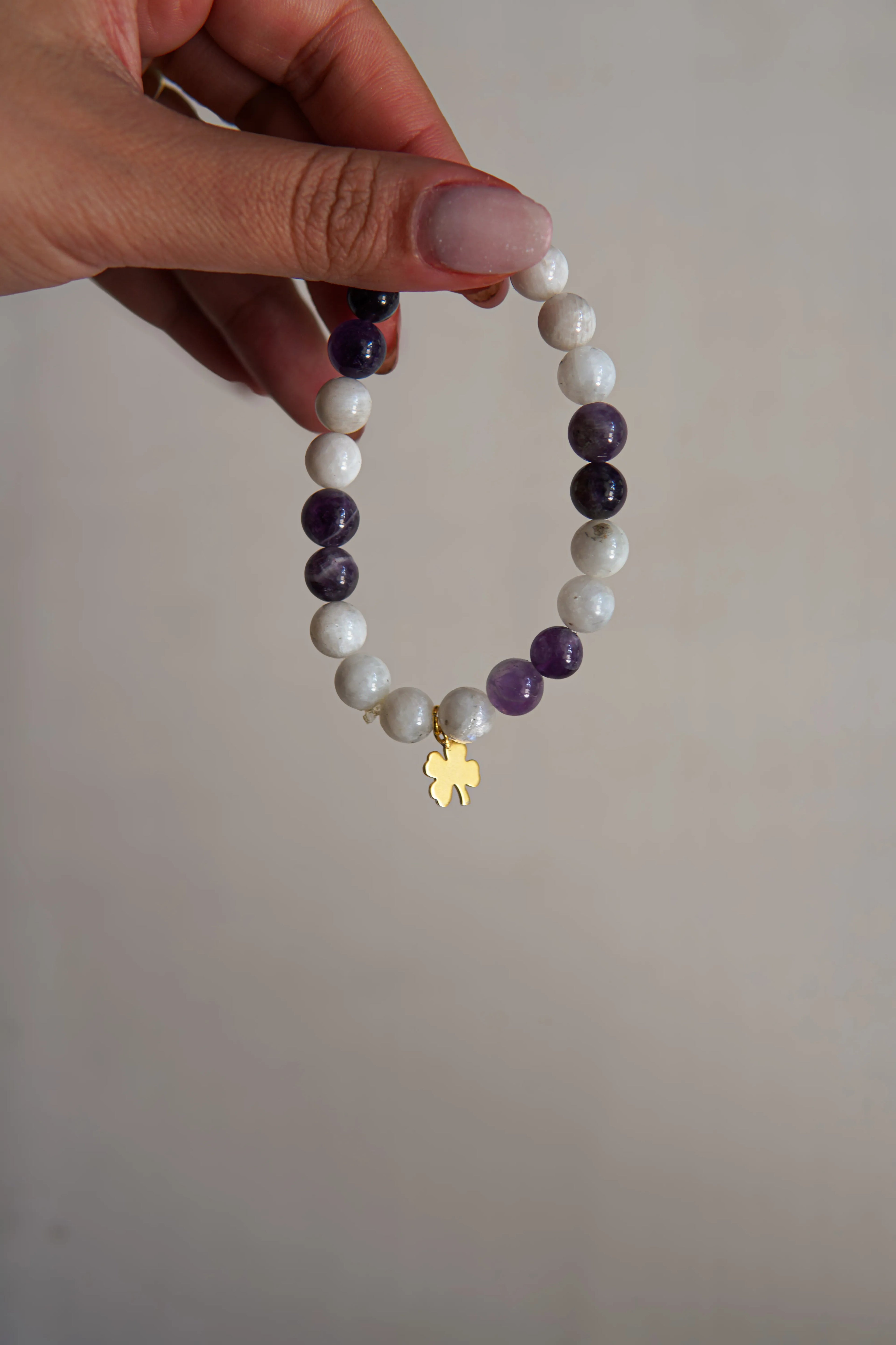 Amethyst - Moonstone and Clover Symbol Natural Stone Bracelet - WATER ELEMENT