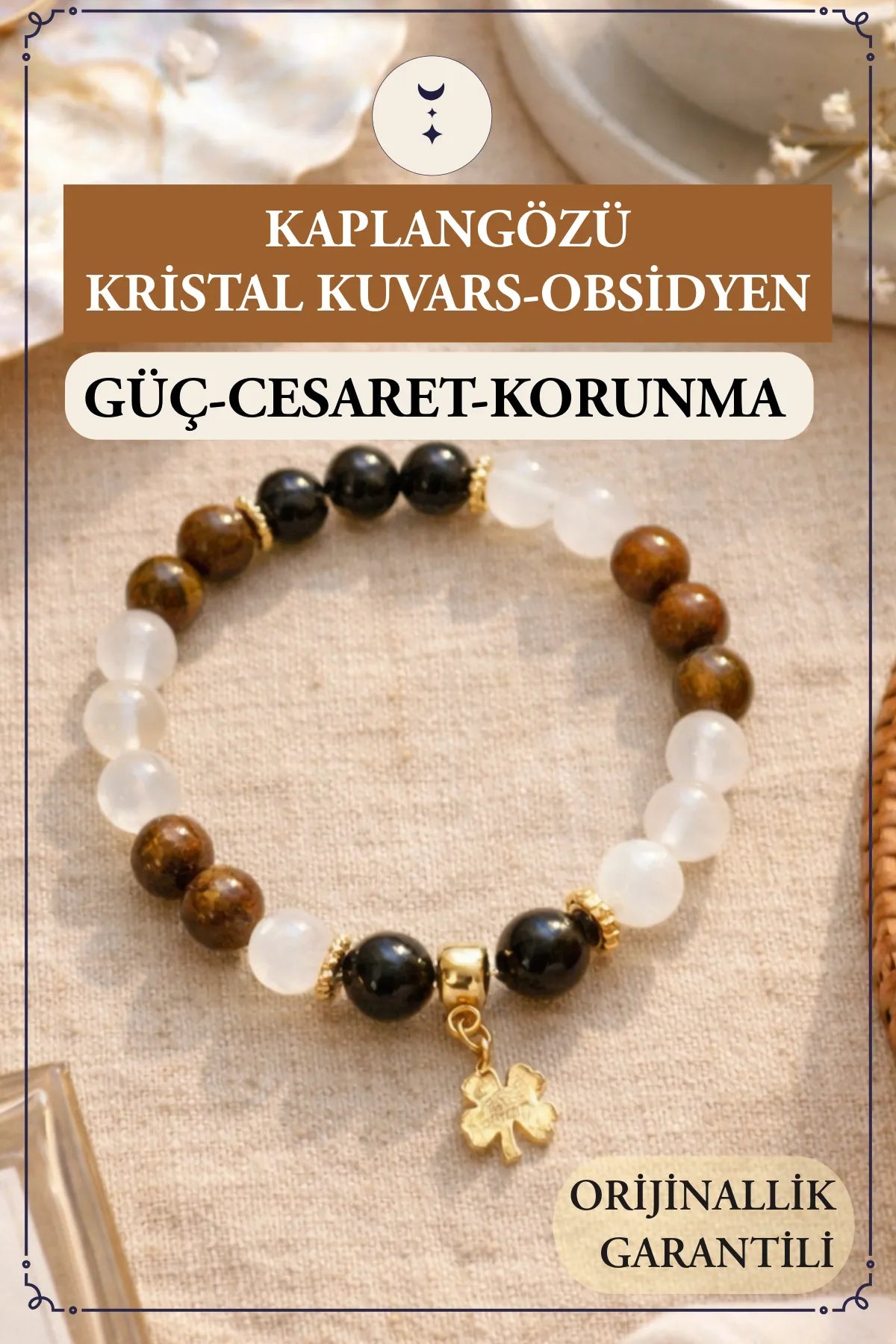 Kaplan Gözü, Kristal Kuvars, Obsidyen Doğal Taş Bileklik – Güç, Cesaret & Korunma