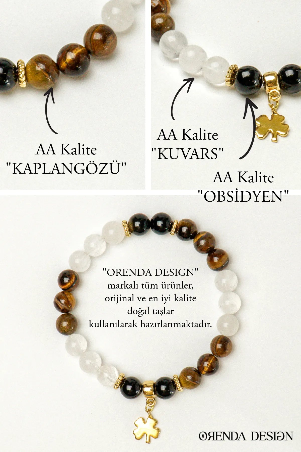 Kaplan Gözü, Kristal Kuvars, Obsidyen Doğal Taş Bileklik – Güç, Cesaret & Korunma
