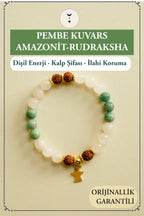 Pembe Kuvars, Amazonit, Rudraksha Doğal Taş Bileklik – Dişil Enerji, Kalp Şifası & İlahi Koruma