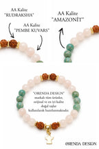 Pembe Kuvars, Amazonit, Rudraksha Doğal Taş Bileklik – Dişil Enerji, Kalp Şifası & İlahi Koruma