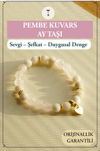 Pembe Kuvars, Ay Taşı, Kalp Sembollü Doğal Taş Bileklik – Sevgi, Şefkat & Duygusal Denge