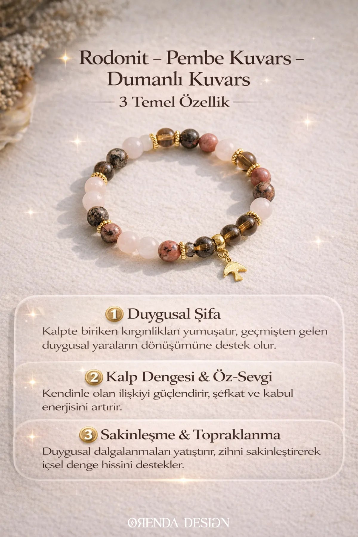 Rodonit, Pembe Kuvars, Dumanlı Kuvars Doğal Taş Bileklik – Şifa, Sevgi & Denge