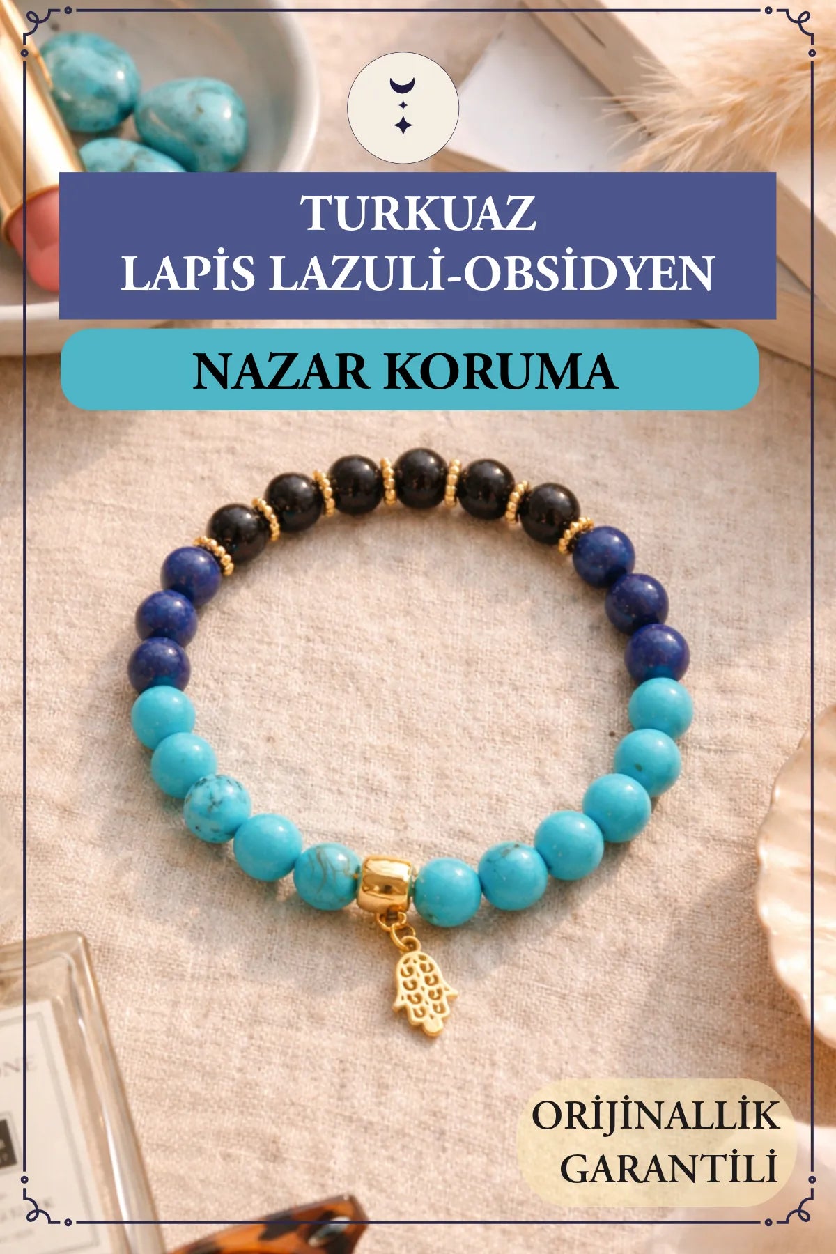 Turkuaz, Lapis Lazuli, Obsidyen Doğal Taş Bileklik – Nazar & Korunma