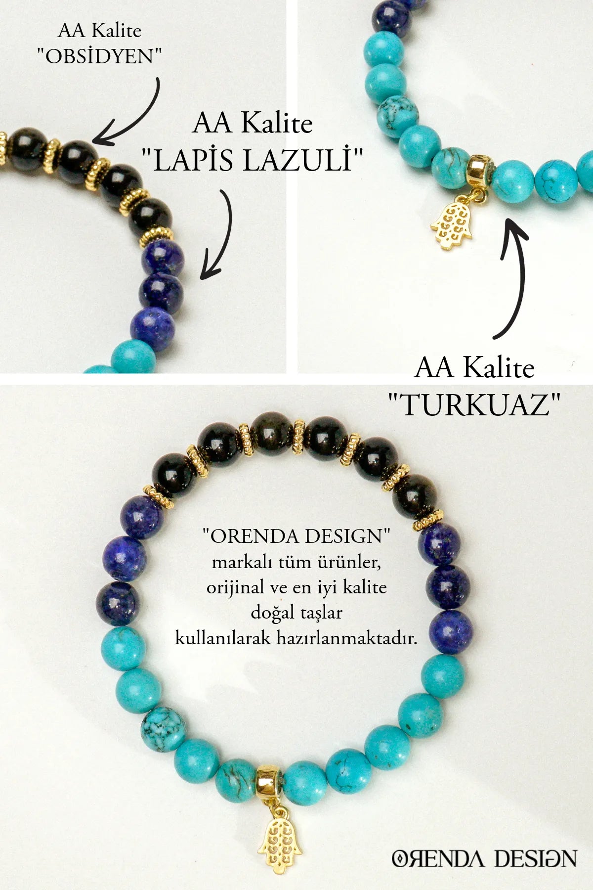 Turkuaz, Lapis Lazuli, Obsidyen Doğal Taş Bileklik – Nazar & Korunma