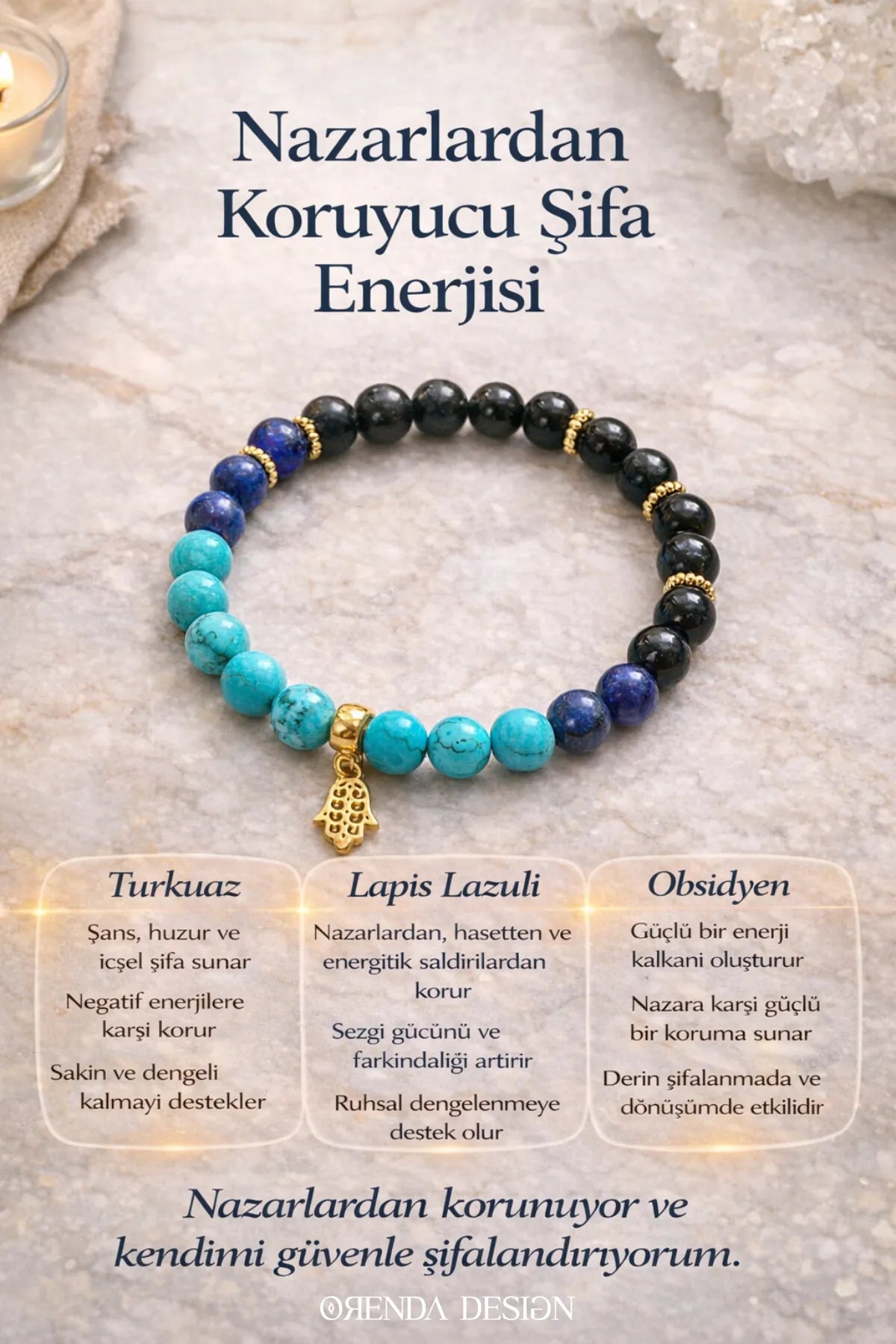 Turkuaz, Lapis Lazuli, Obsidyen Doğal Taş Bileklik – Nazar & Korunma