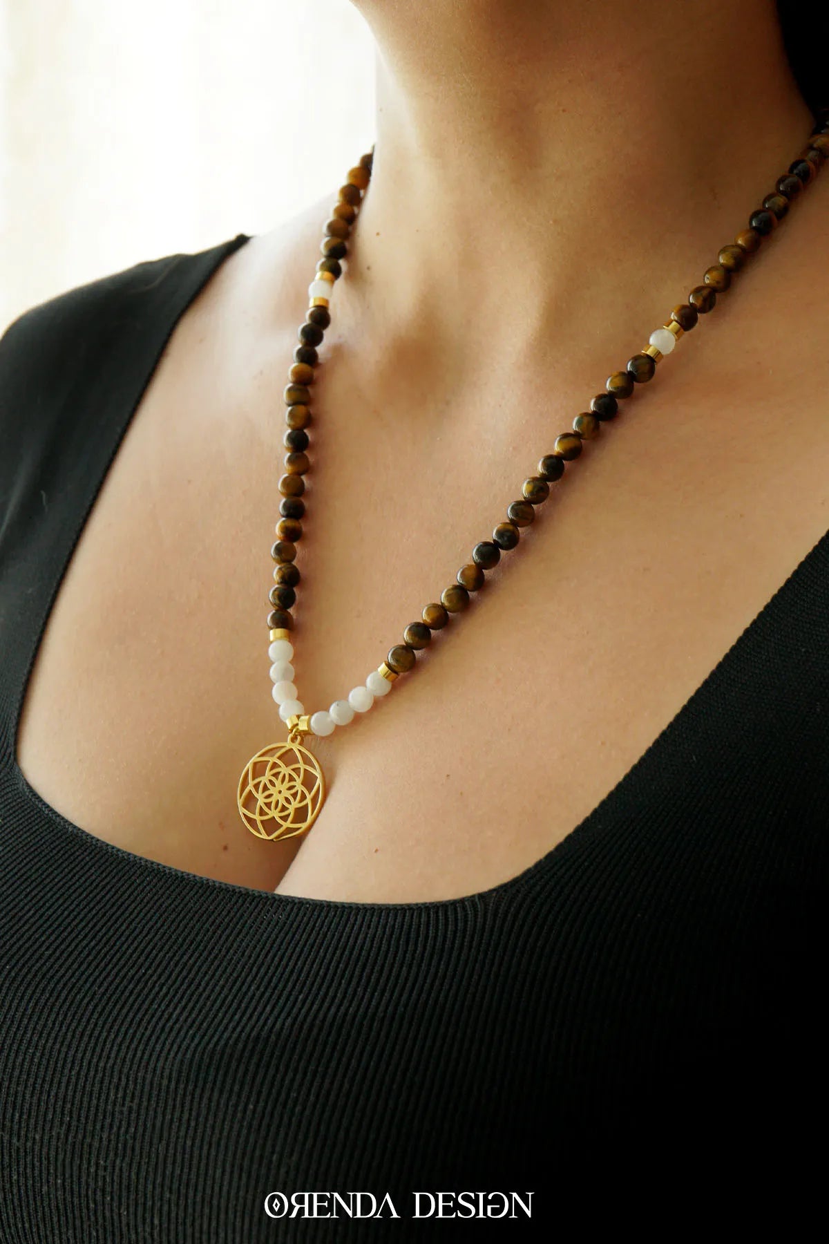 POWER – Seed of Life – Tiger Eye – Moonstone Natural Stone Necklace