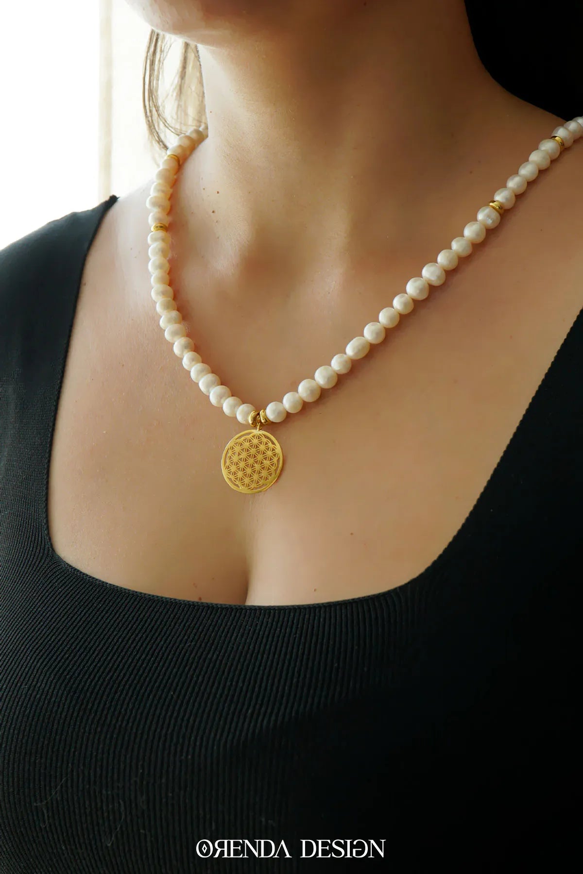 FEMININE ENERGY and ABUNDANCE – Flower of Life – Pearl Natural Stone Necklace