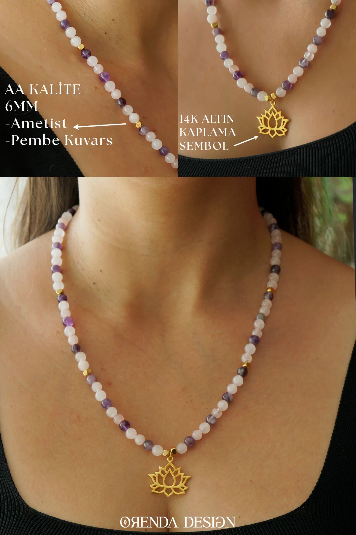 LOVE PEACE – Lotus Flower – Amethyst – Rose Quartz Natural Stone Necklace