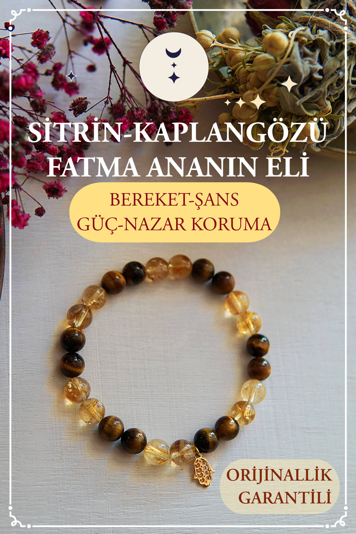 Sitrin - Kaplan Gözü ve Fatma Ana'nın Eli Sembolü Doğal Taş Bileklik - ATEŞ ELEMENTİ