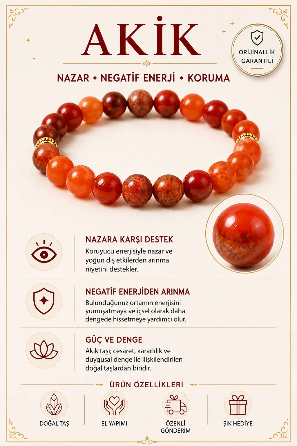 Akik Doğal Taş Bileklik (Nazar ve Negatif Enerji Koruması)