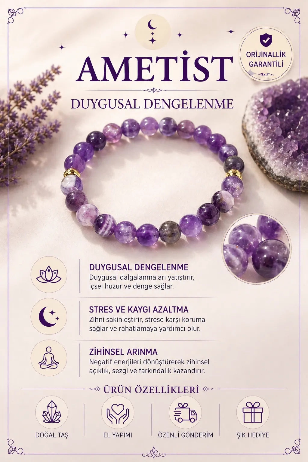 Ametist Doğal Taş Bileklik – Duygusal Denge & İçsel Sakinlik