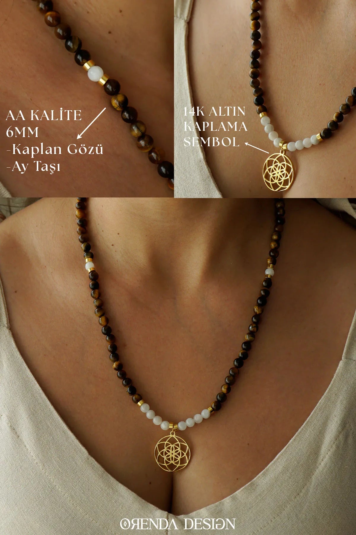 POWER – Seed of Life – Tiger Eye – Moonstone Natural Stone Necklace