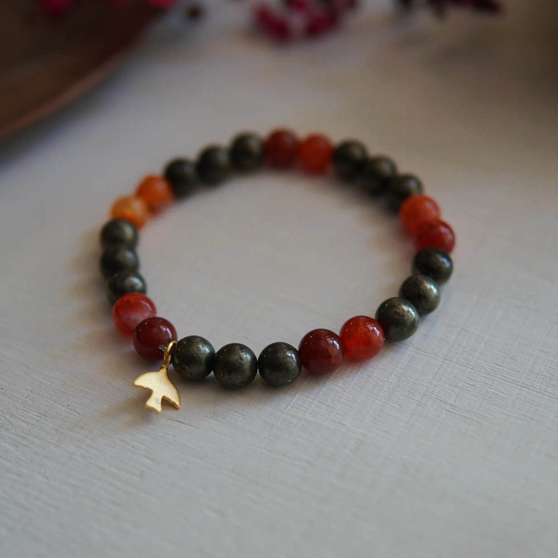 Pyrite - Red Agate and Bird Symbol Natural Stone Bracelet - FIRE ELEMENT