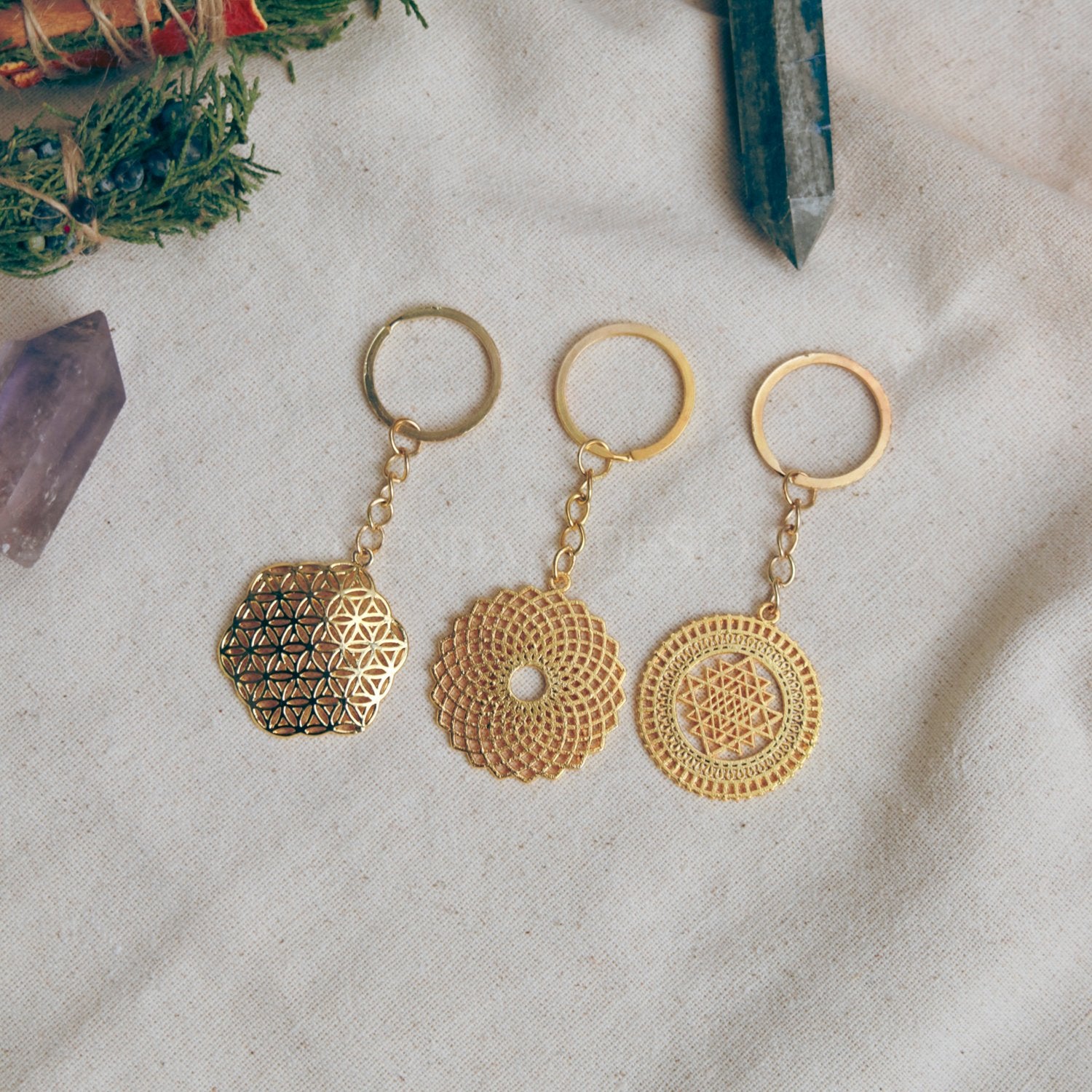3'lü Gold Yaşam Çiçeği - Torus - Sriyantra Anahtarlık