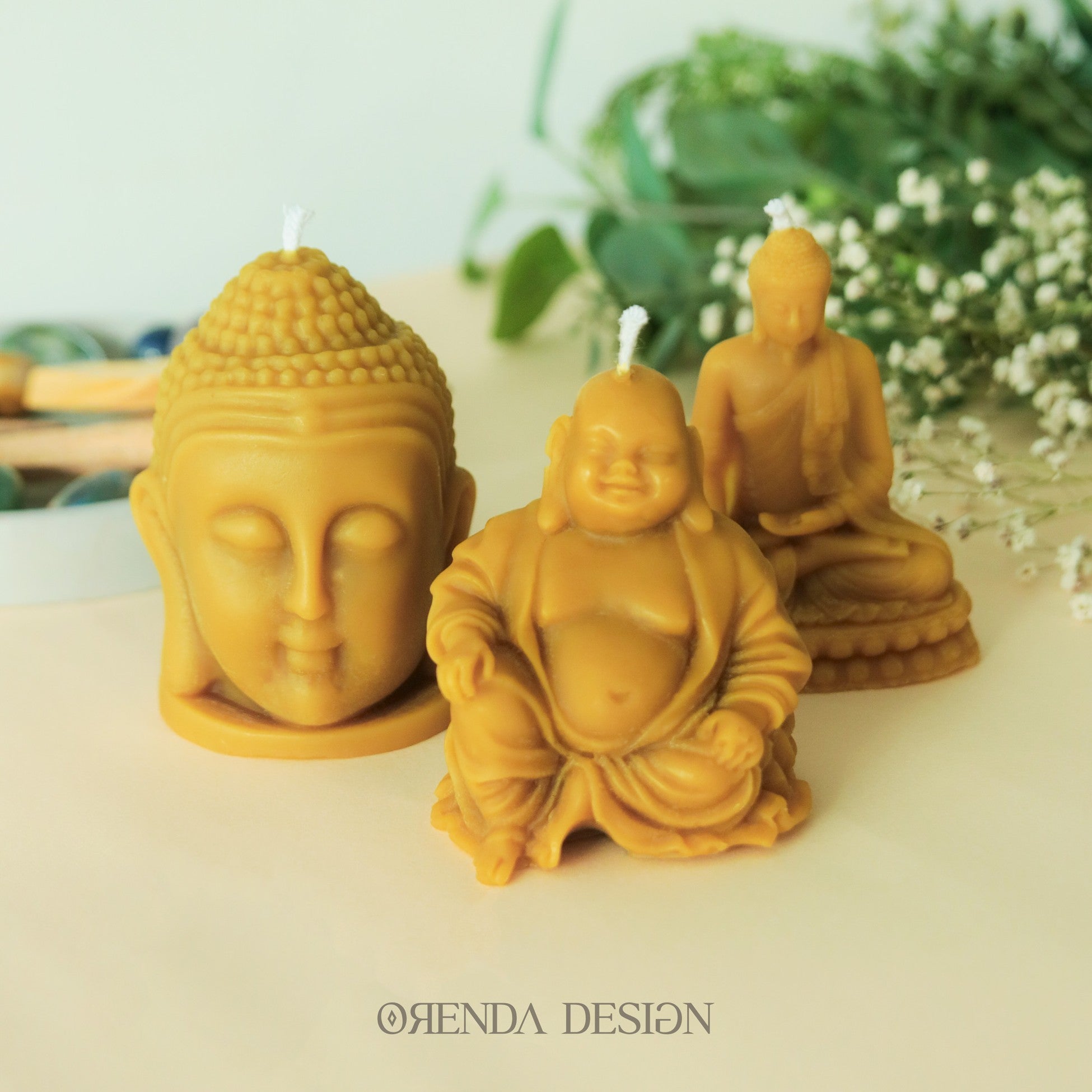 Buddha 3'lü Set - Buddha Kafa-Gülen Buddha-Mistik Buddha  Balmumu Mum
