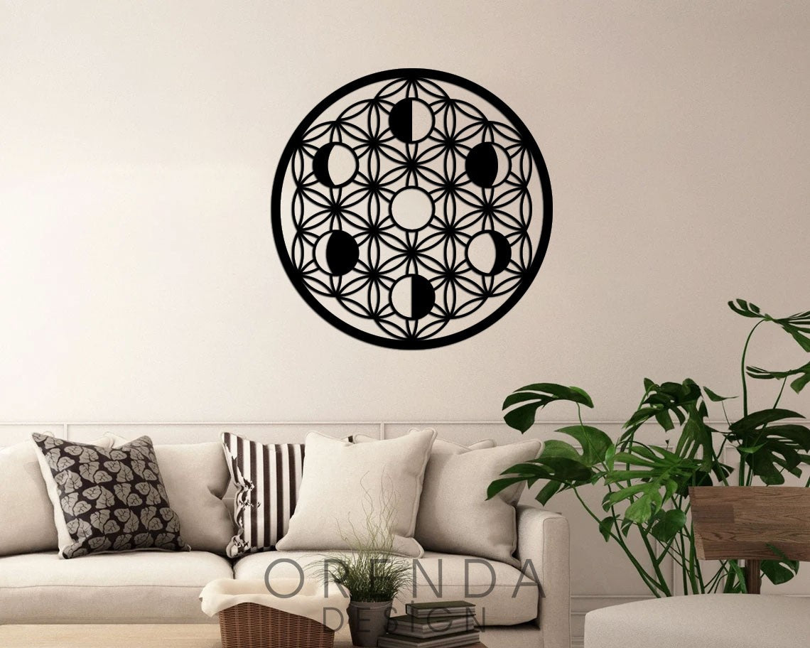 FLOWER OF LIFE (MOON PHASES) Painting Wood - Black 