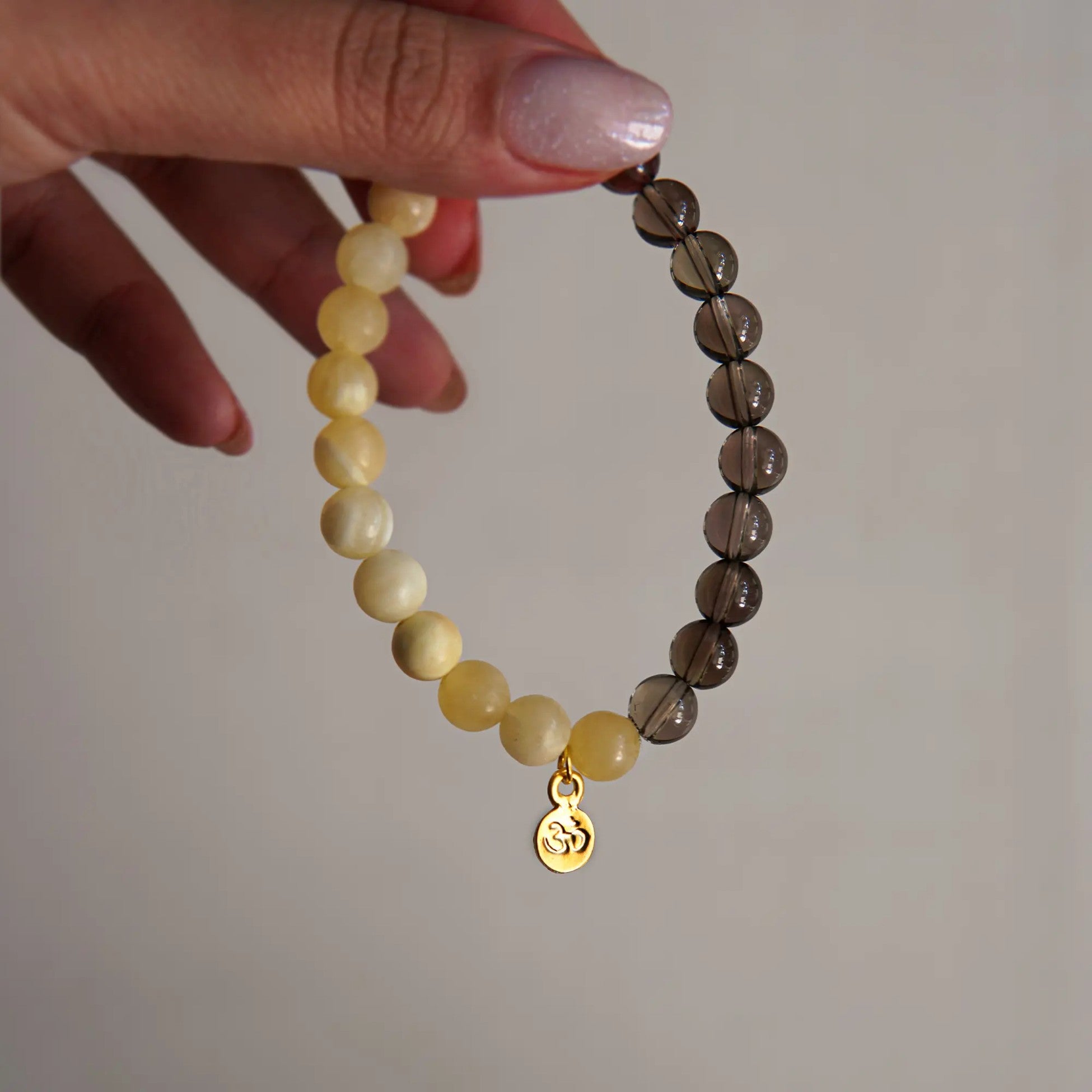 Yellow Calcite - Smoky Quartz and Om Symbol Natural Stone Bracelet - EARTH ELEMENT