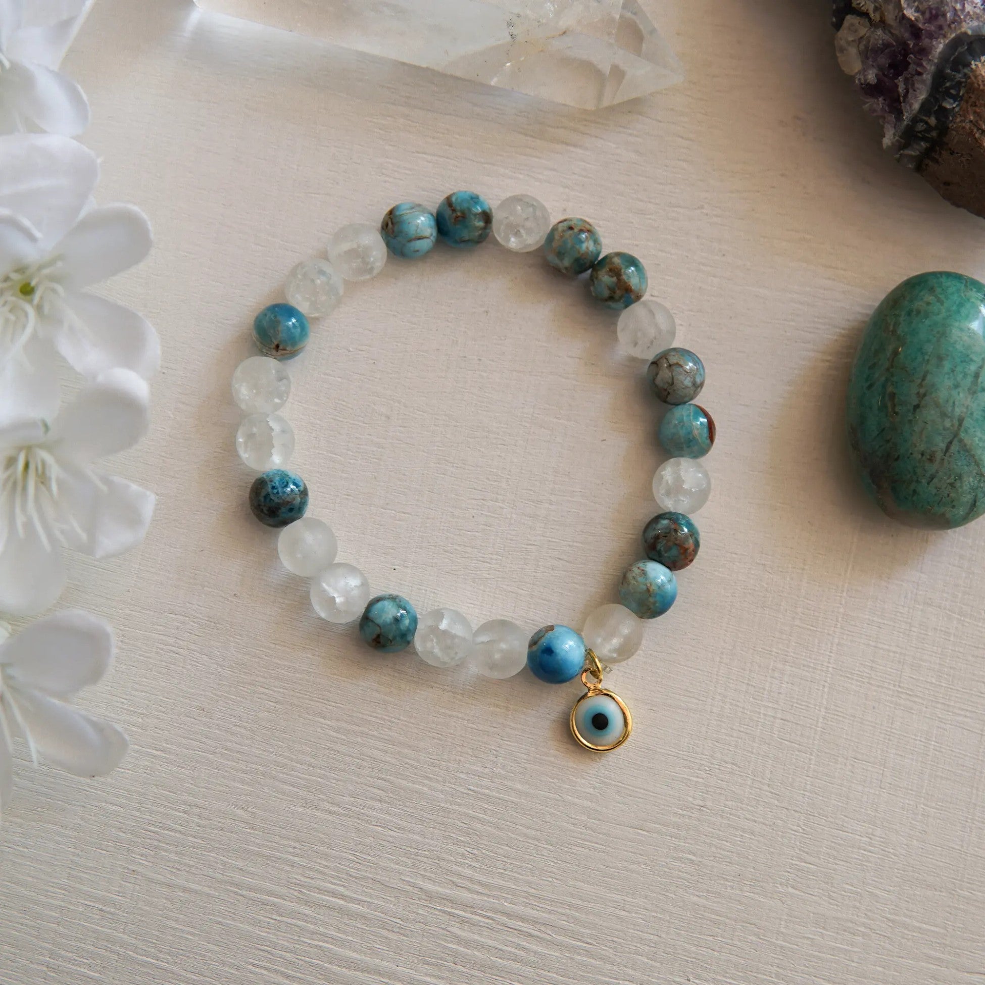Necef - Apatite and Evil Eye Bead Symbol Natural Stone Bracelet - AIR ELEMENT