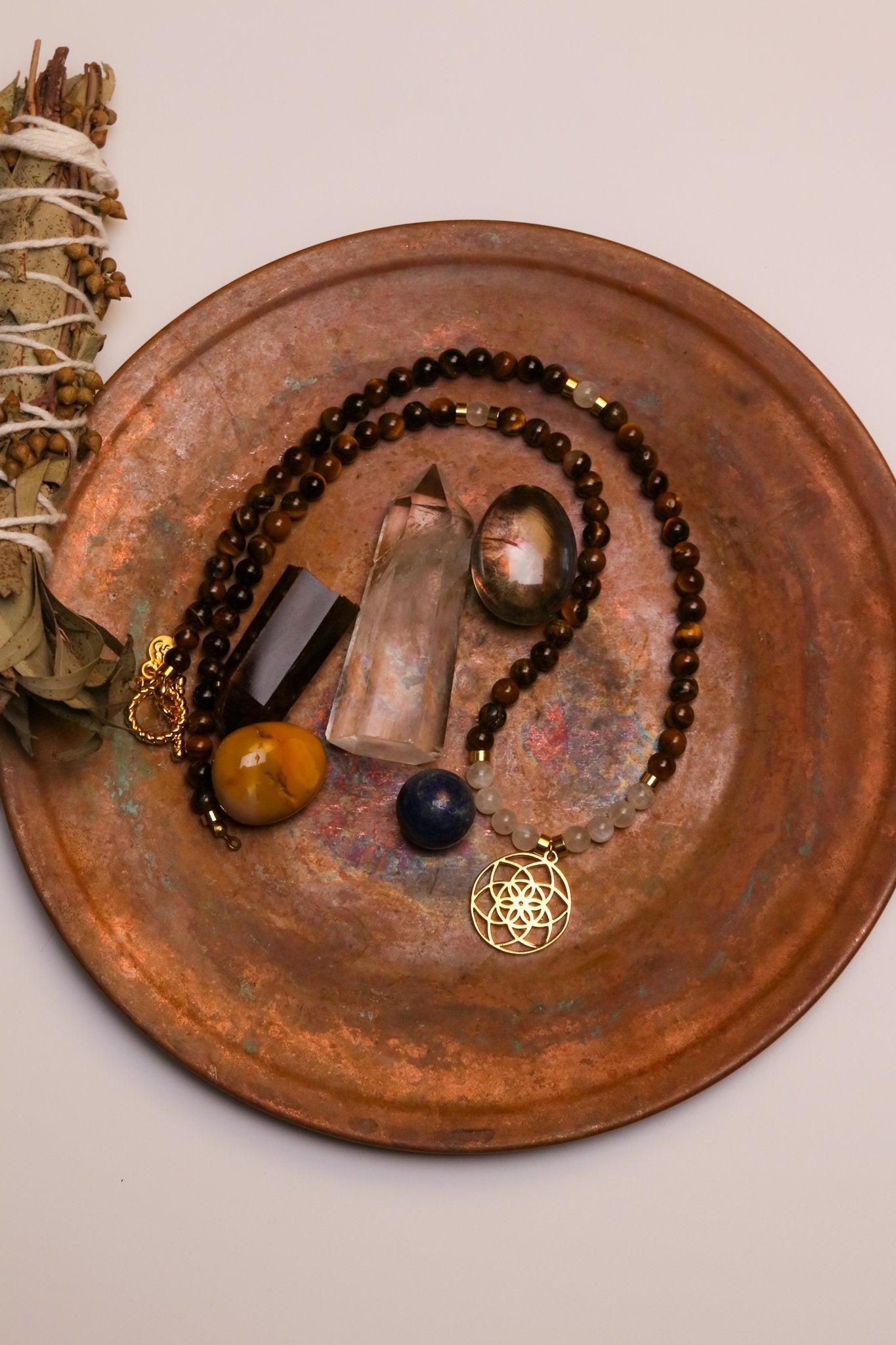 POWER – Seed of Life – Tiger Eye – Moonstone Natural Stone Necklace