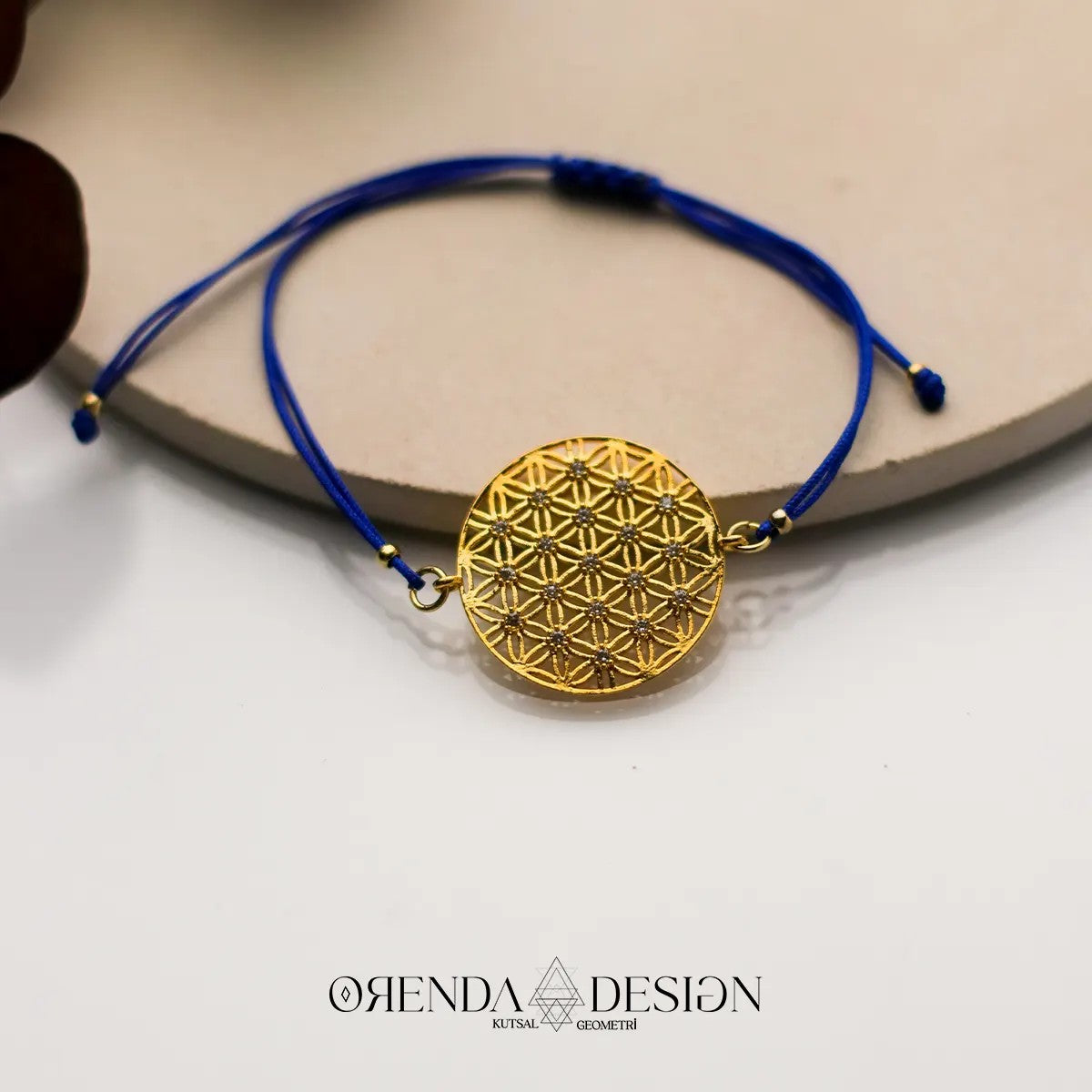 Gold Flower of Life Bracelet with Navy Blue Thread