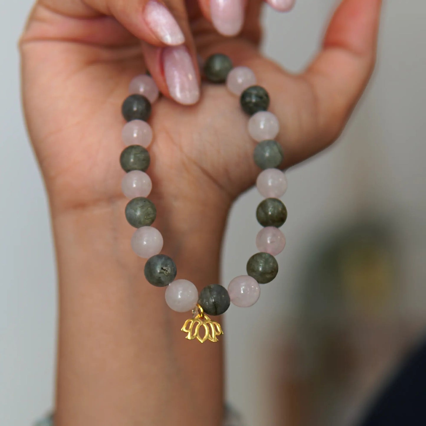 Labradorite - Rose Quartz and Lotus Flower Symbol Natural Stone Bracelet - AIR ELEMENT