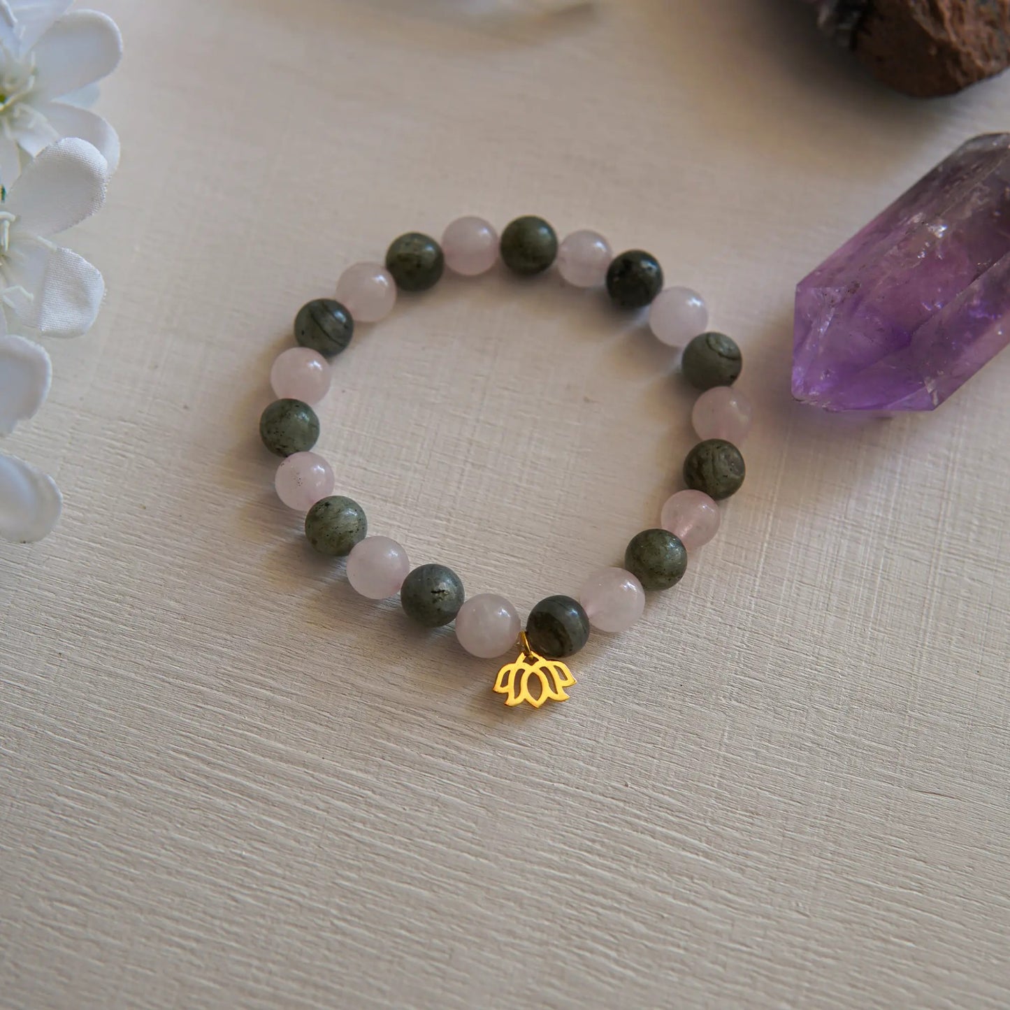 Labradorite - Rose Quartz and Lotus Flower Symbol Natural Stone Bracelet - AIR ELEMENT