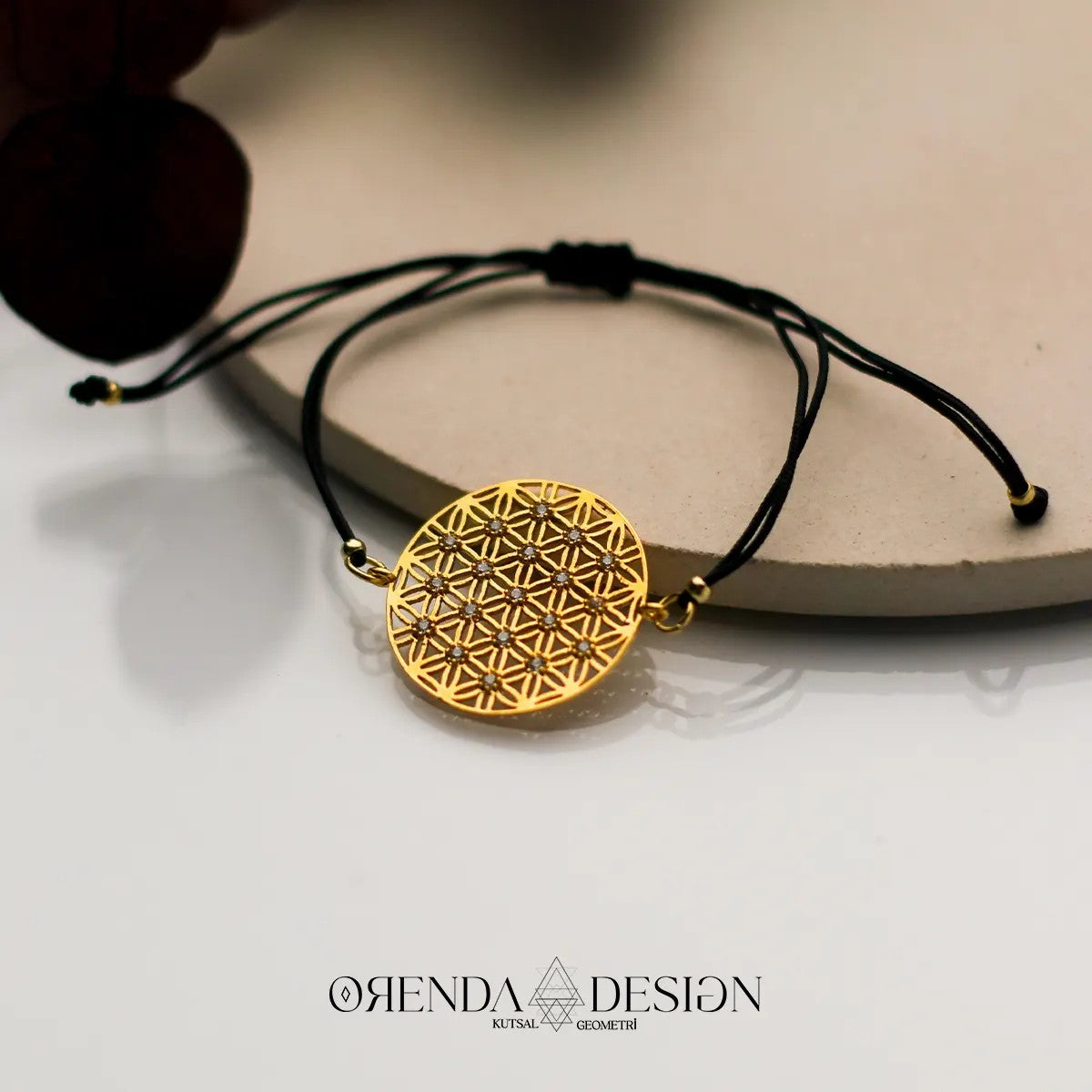 Gold Flower of Life Bracelet with Black Thread