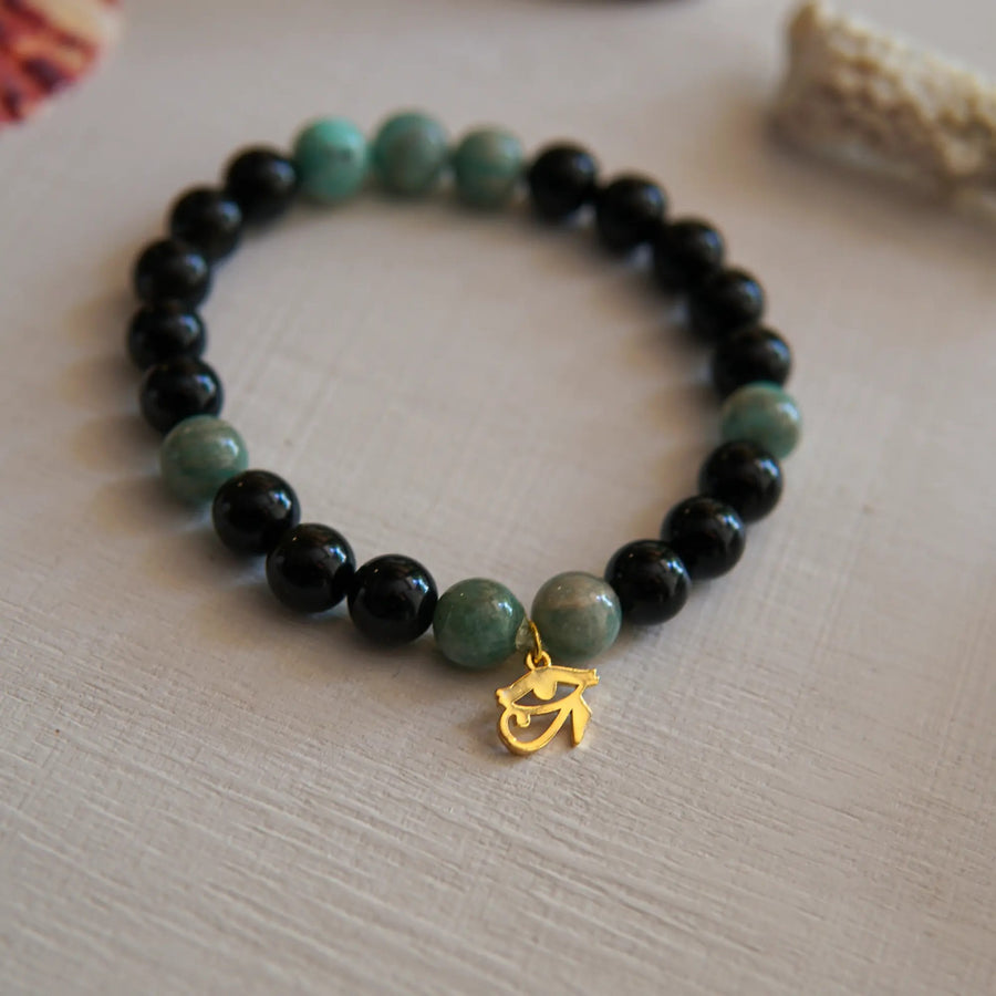 Obsidian - Aquamarine and Eye of Horus Symbol Natural Stone Bracelet - WATER ELEMENT
