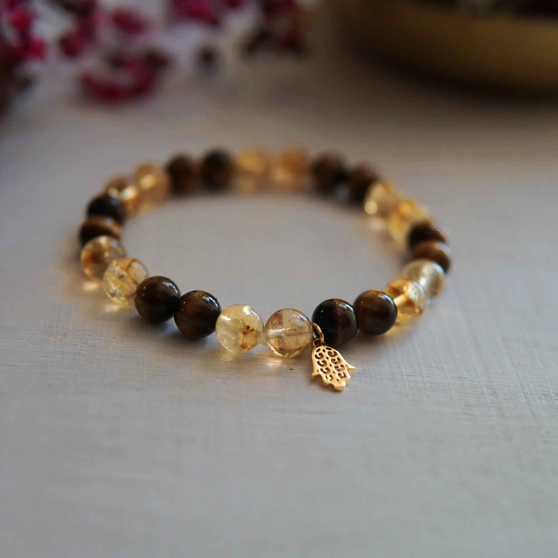 Citrine - Tiger Eye and Fatima Hand Symbol Natural Stone Bracelet - FIRE ELEMENT