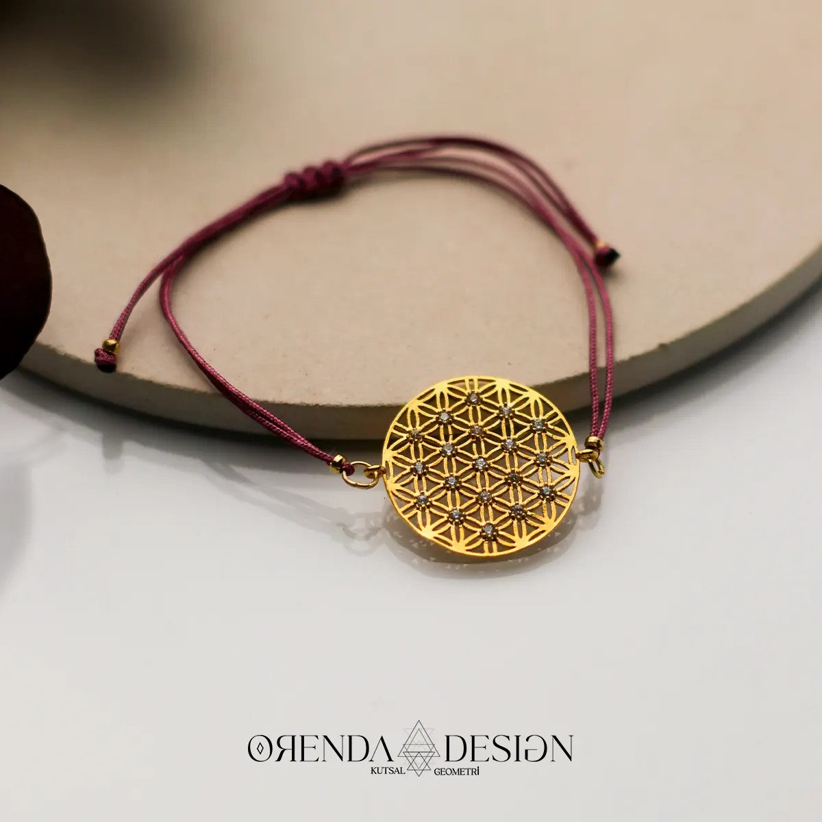 Gold Flower of Life Bracelet with Burgundy Rope