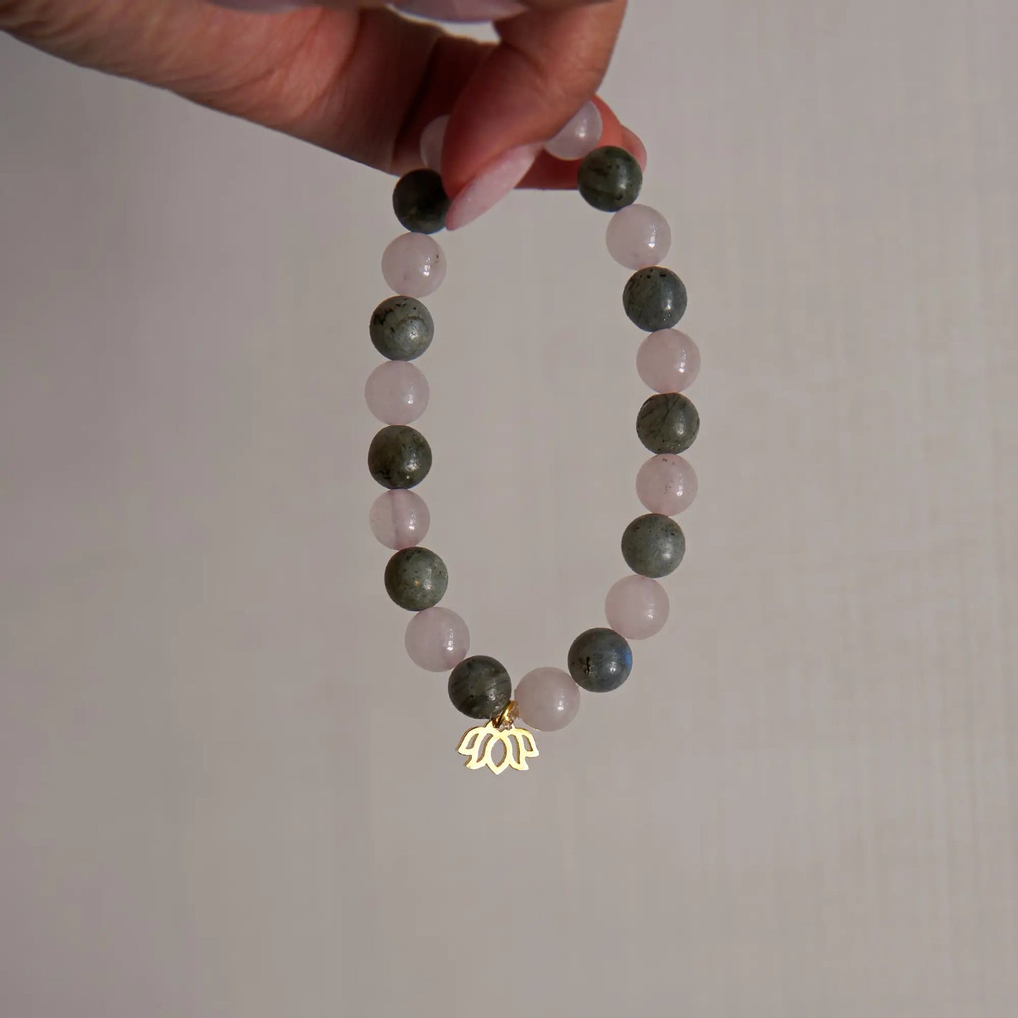 Labradorite - Rose Quartz and Lotus Flower Symbol Natural Stone Bracelet - AIR ELEMENT