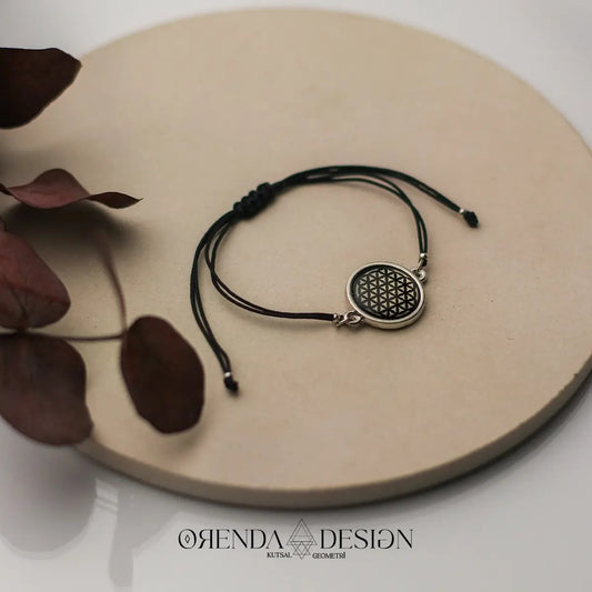 Silver Flower of Life Bracelet Black Thread Epoxy