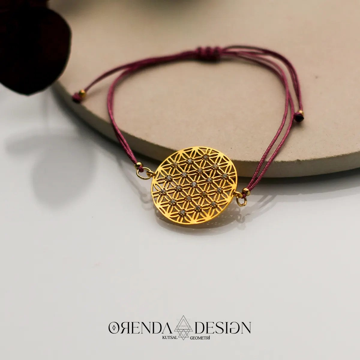 Gold Flower of Life Bracelet with Burgundy Rope